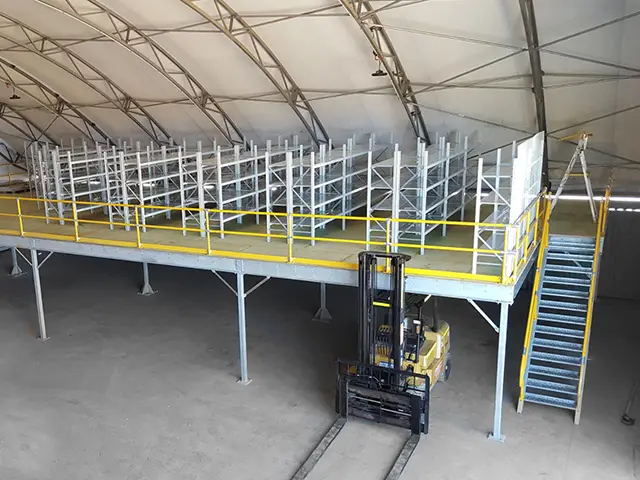 Custom-built mezzanine floor with shelving in a Perth warehouse facility